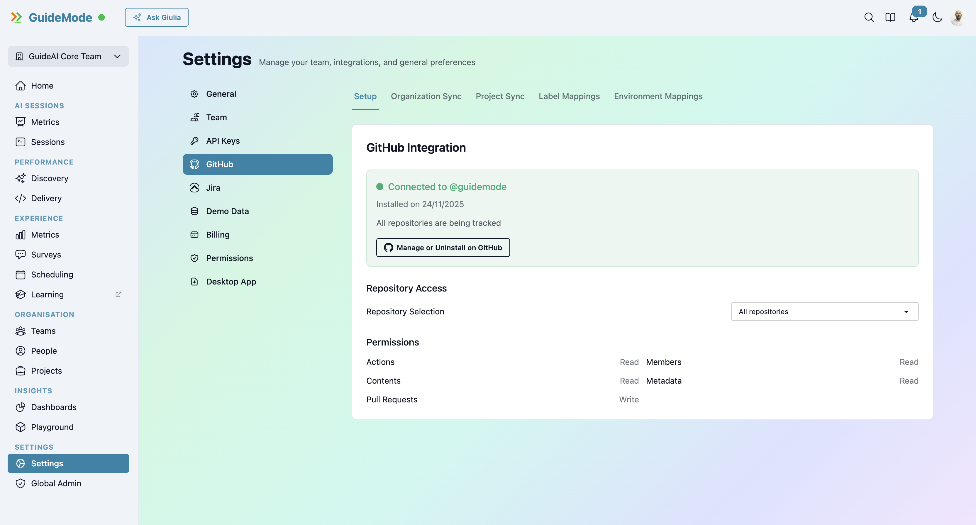 GitHub Integration Settings